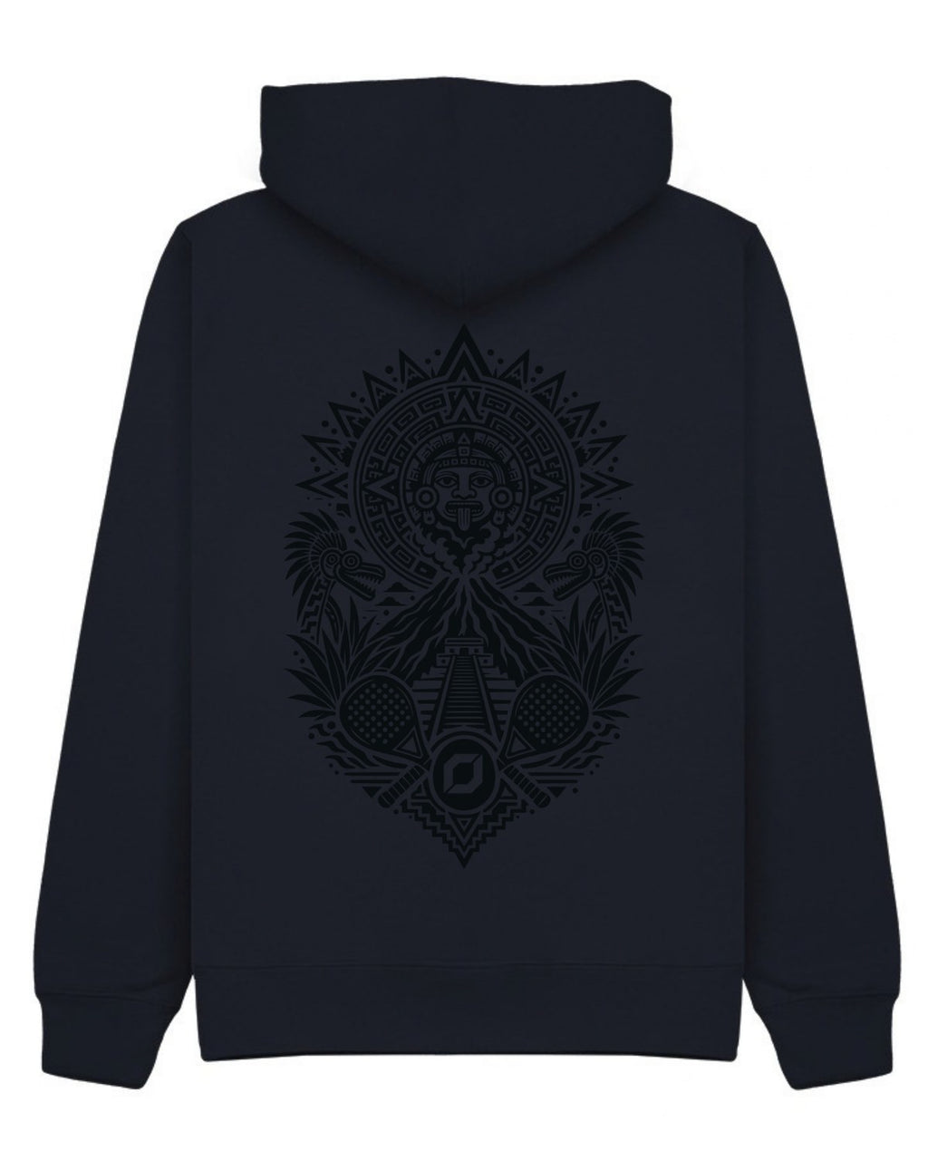 Aztec Hoodie in Navy with black print, back