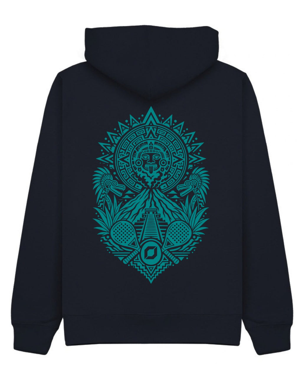 Aztec Hoodie in Navy with teal print, back