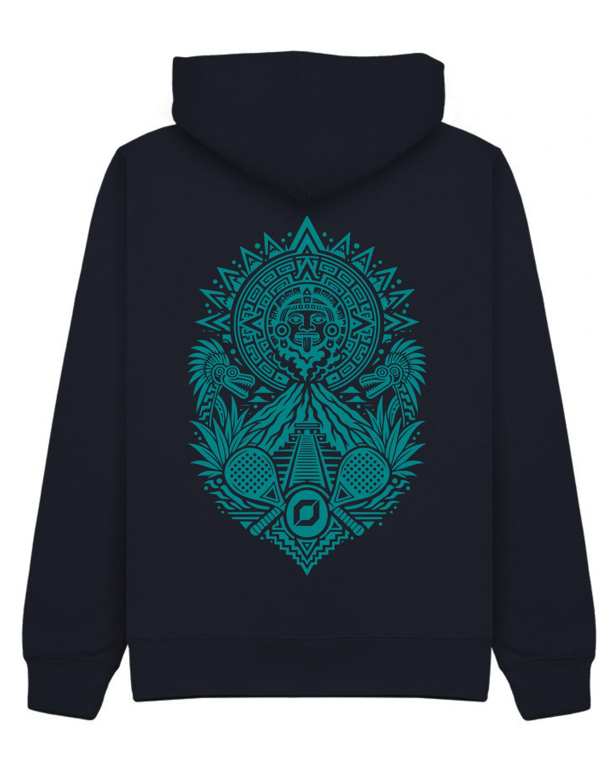 Aztec Hoodie in Navy with teal print, back