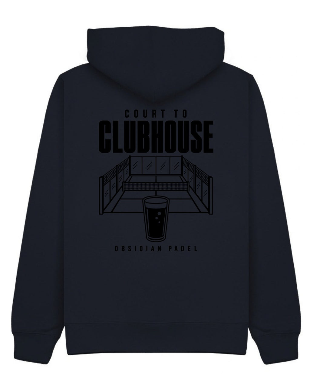 Court to Clubhouse Hoodie in Navy with black print, back