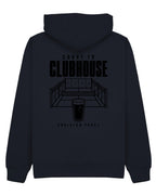 Court to Clubhouse Hoodie in Navy with black print, back