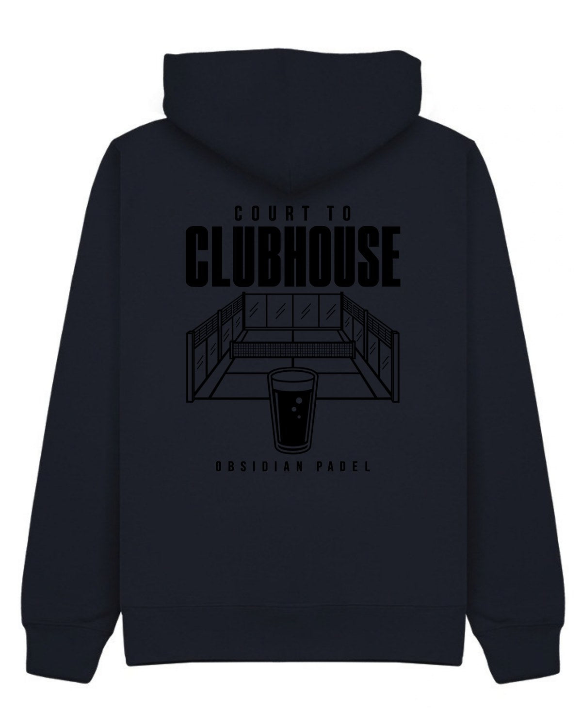 Court to Clubhouse Hoodie in Navy with black print, back