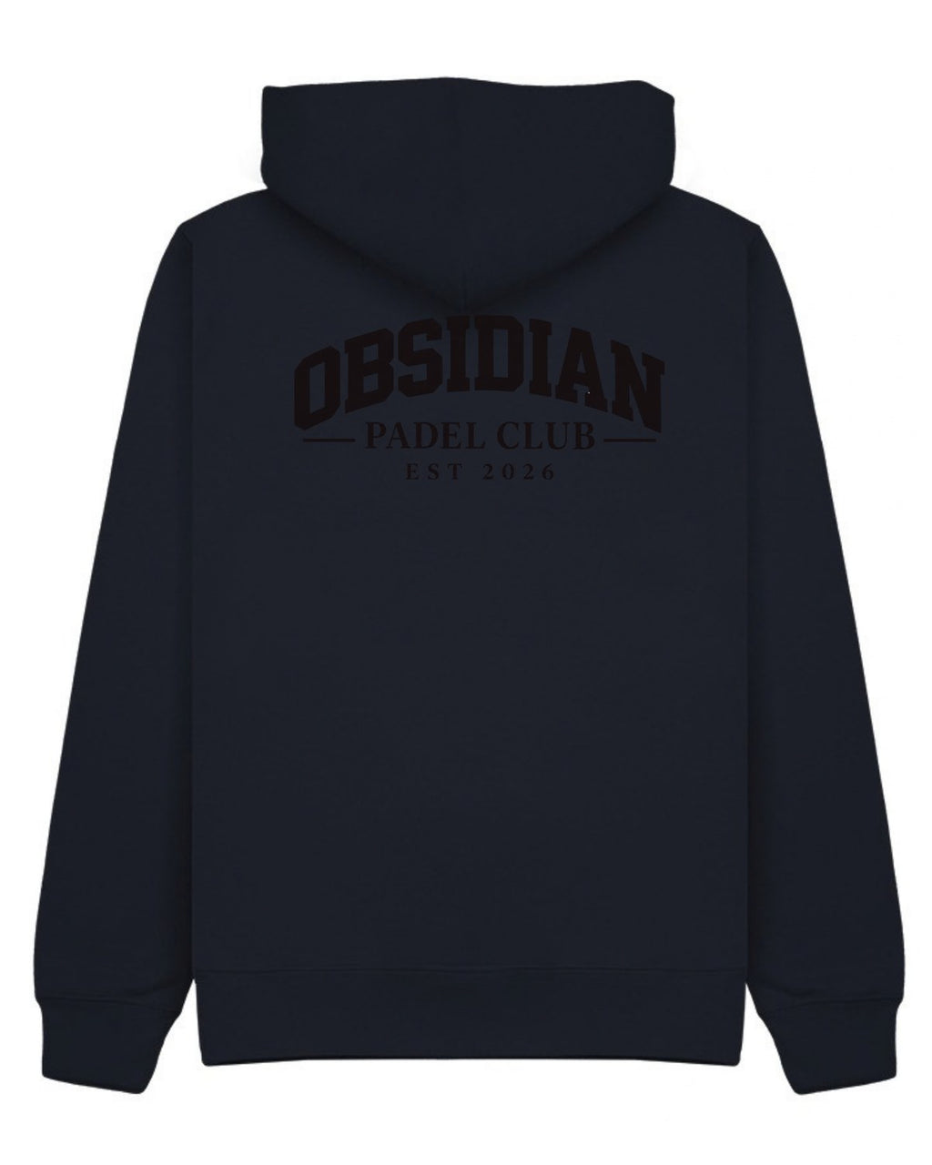 Varsity Hoodie in Navy with black print, back