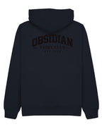 Varsity Hoodie in Navy with black print, back