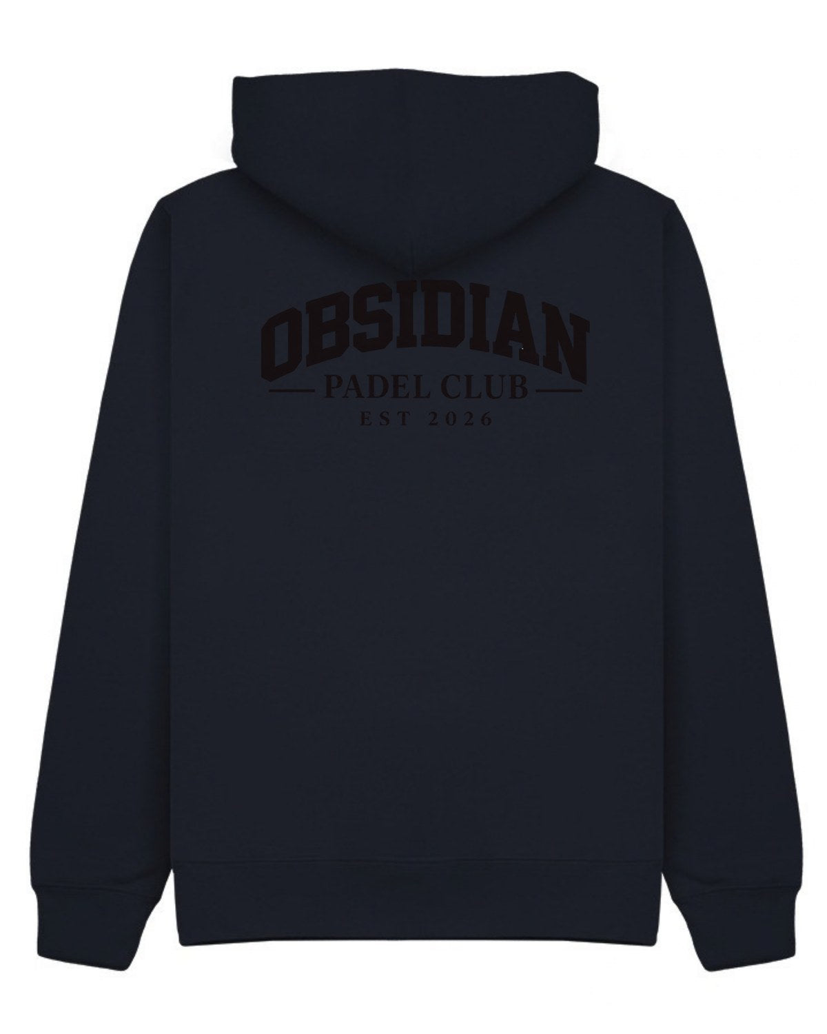 Varsity Hoodie in Navy with black print, back