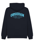 Varsity Hoodie in Navy with light blue print, back