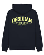 Varsity Hoodie in Navy with light yellow print, back