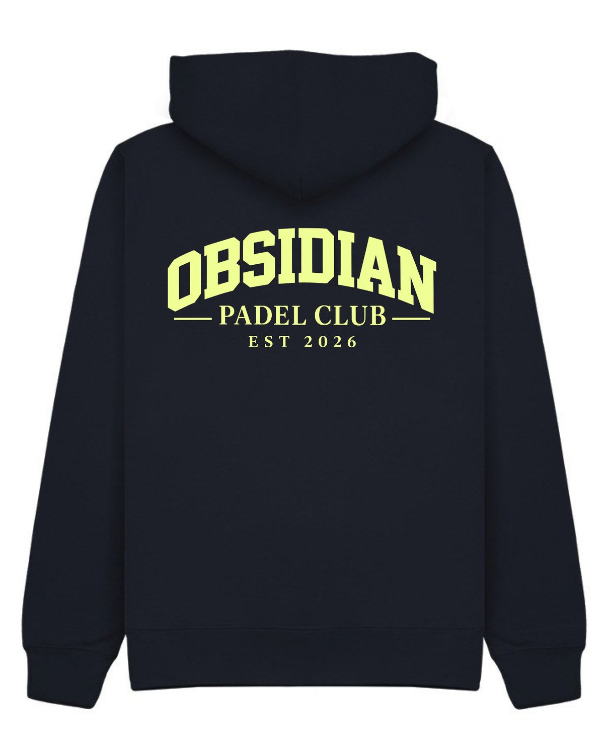 Varsity Hoodie in Navy with light yellow print, back