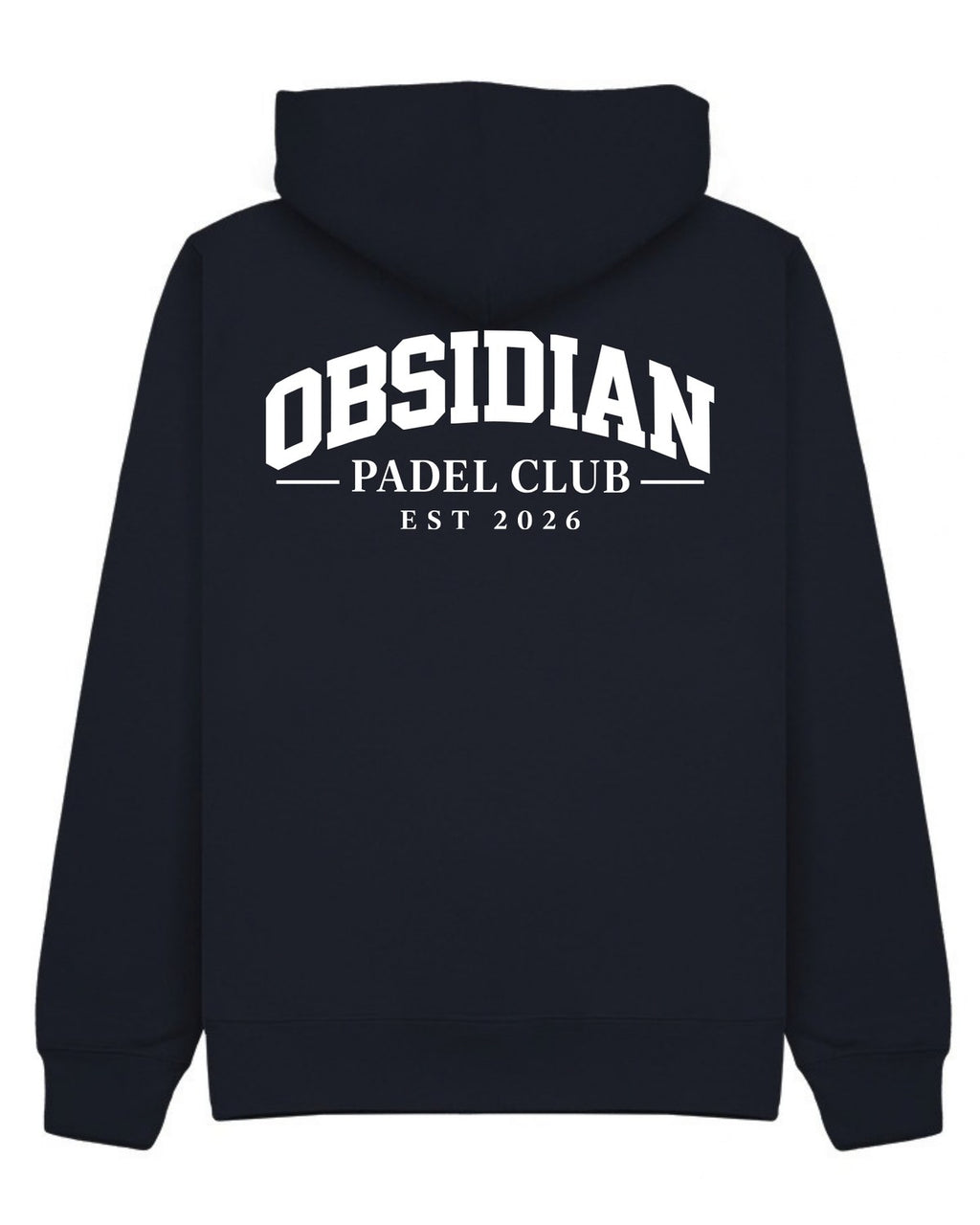 Varsity Hoodie in Navy with white print, back