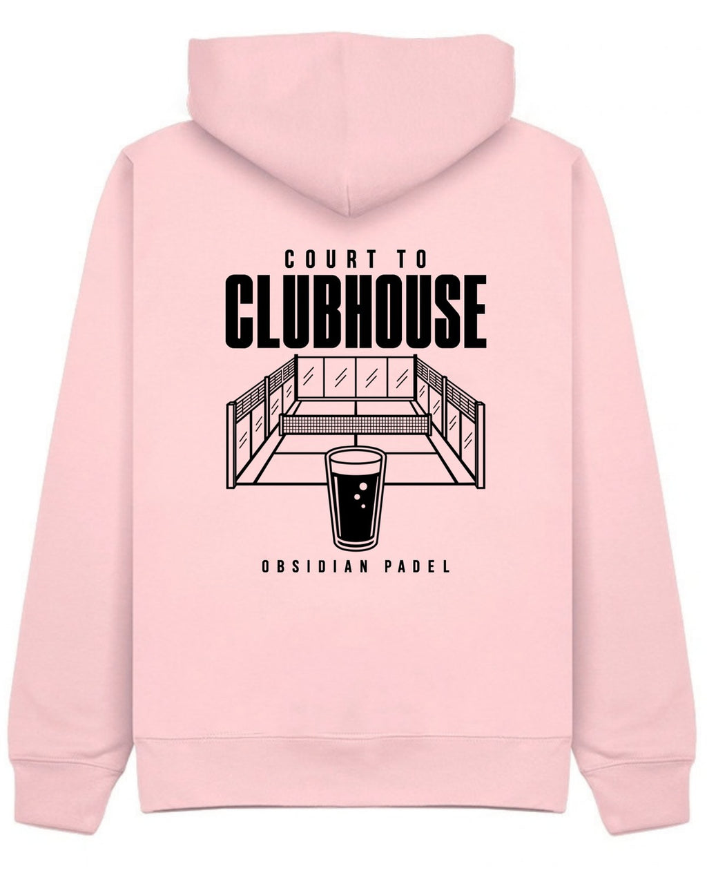 Court to Clubhouse Hoodie in Pink with black print, back