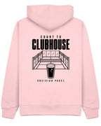 Court to Clubhouse Hoodie in Pink with black print, back
