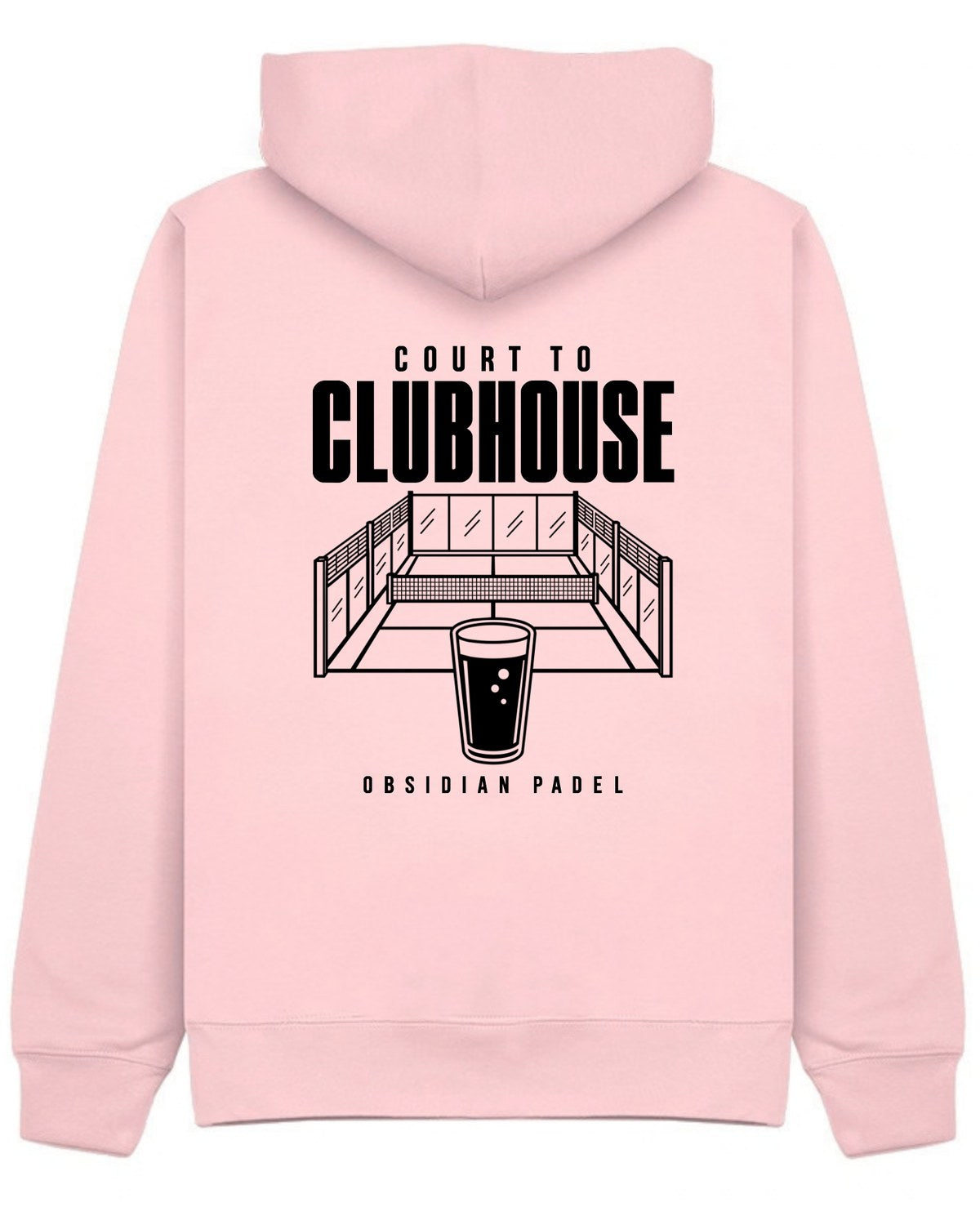 Court to Clubhouse Hoodie in Pink with black print, back
