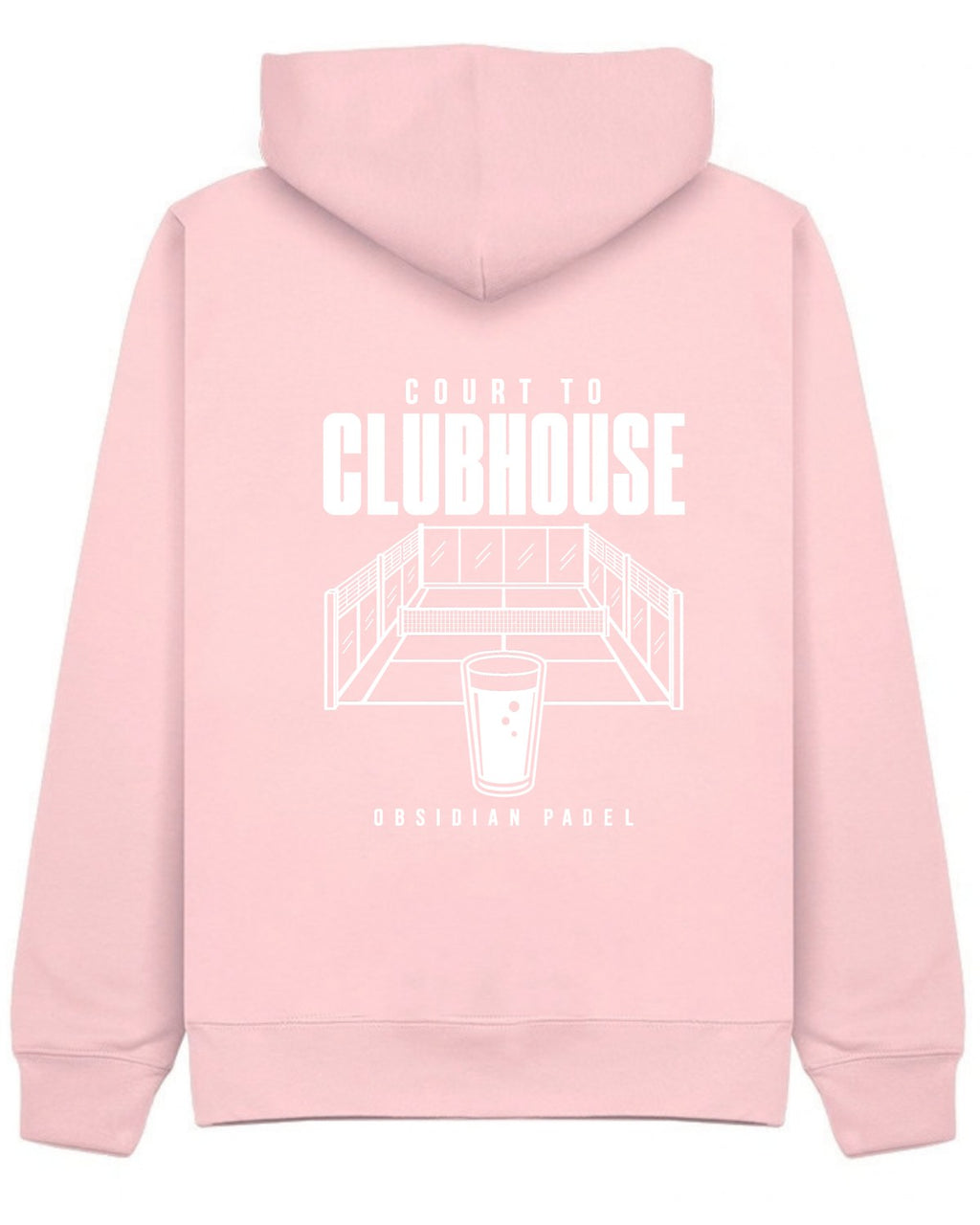Court to Clubhouse Hoodie in Pink with white print, back
