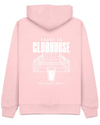 Court to Clubhouse Hoodie in Pink with white print, back