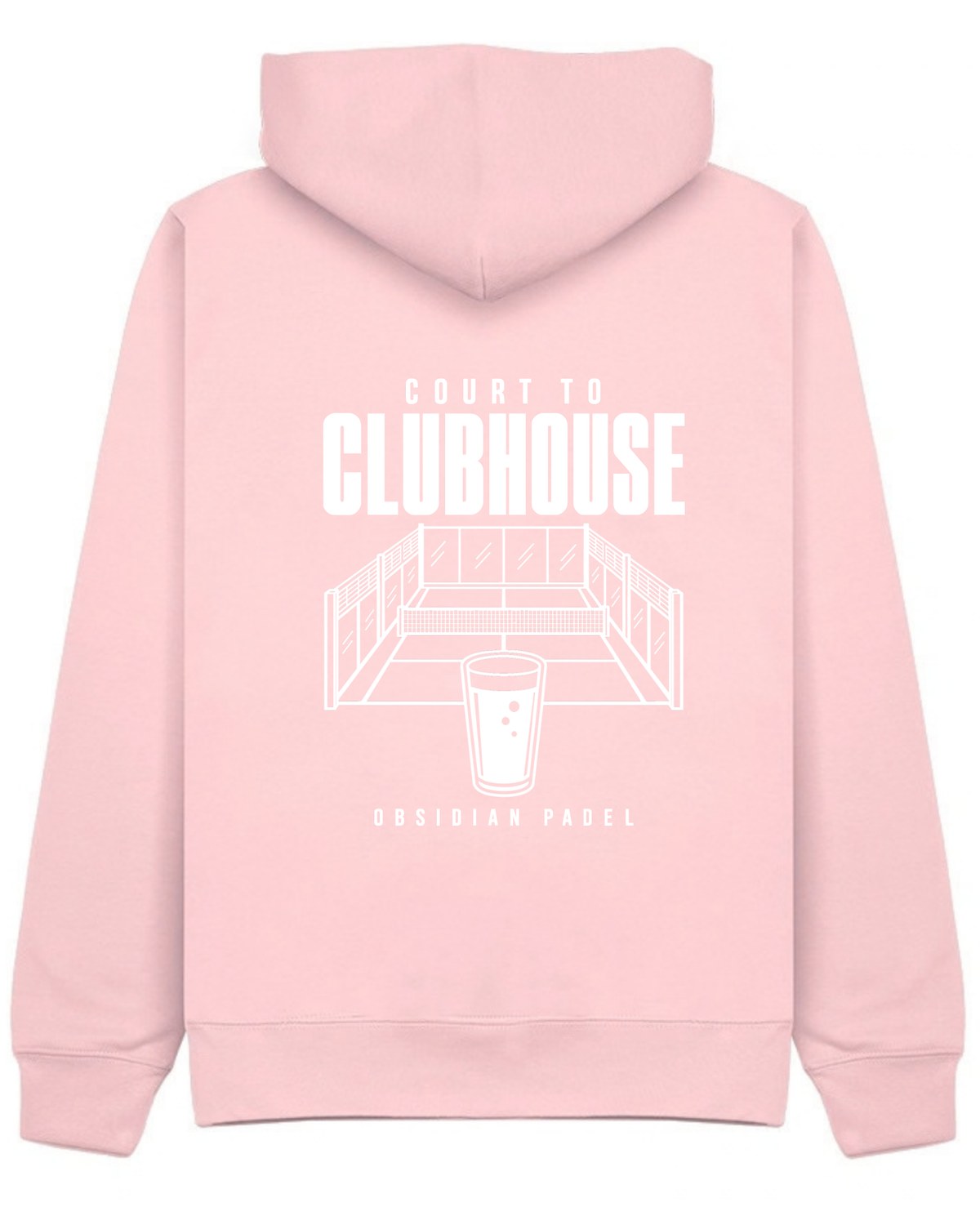 Court to Clubhouse Hoodie in Pink with white print, back