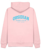 Varsity Hoodie in Pink with light blue print, back