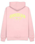 Varsity Hoodie in Pink with light yellow print, back