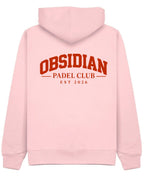 Varsity Hoodie in Pink with red print, back