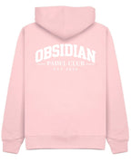 Varsity Hoodie in Pink with white print, back