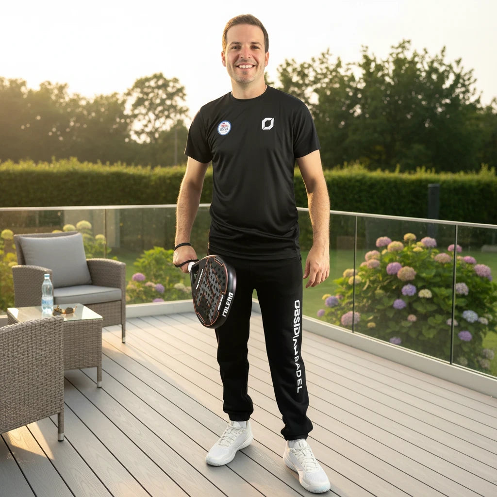 Man wearing Obsidian Padel BPCA Court Performance black t-shirt with logo, holding a padel racket on a terrace.